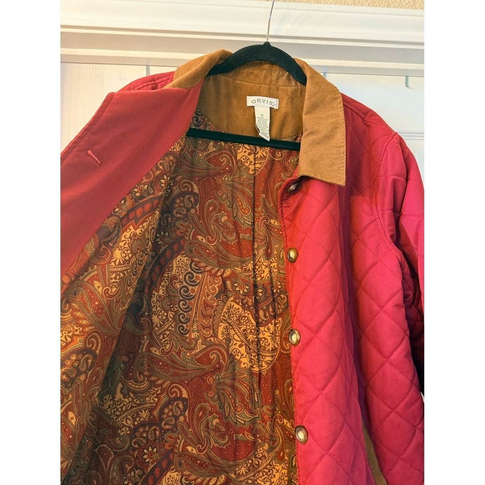 Orvis Quilted Barn Chore Jacket Red Faux Suede Collar Paisley Lined - Picture 5 of 10